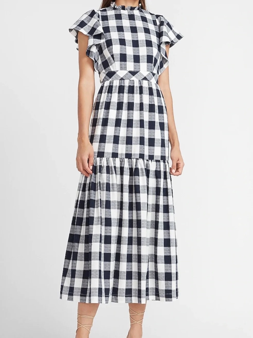 Express x Ladygang Navy & White Plaid Gingham Ruffle-Sleeve Midi Dress